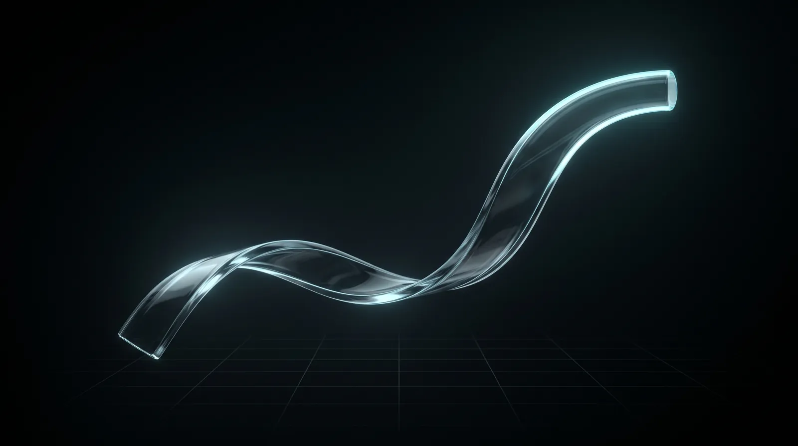 A smooth glass curve shattering into hundreds of suspended shards