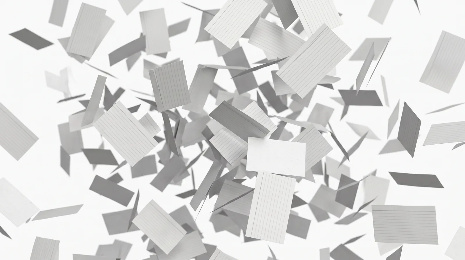 Scattered note cards slowing and settling into an ordered three-dimensional lattice